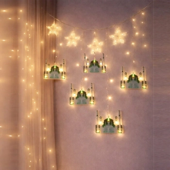 3 mt Fişli Yeşil Cami Yıldız Ramazan Perde LED