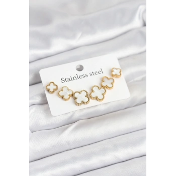 316L Çelik Gold Beyaz Renk 3 Boy Yonca Küpe Seti TJ-BKP11237