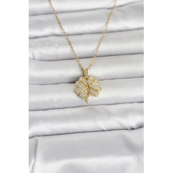 316L Çelik Gold Renk Açılabilir Yonca Model Zirkon Taşlı Kadın Kolye TJ-BKO11048