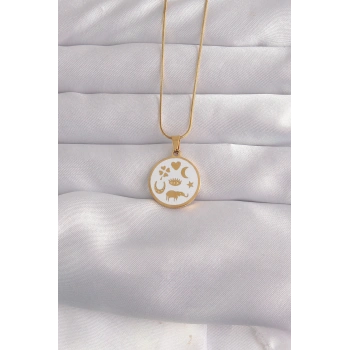 316L Çelik Gold Renk Beyaz Mineli Karışık Figürlü Tarot Kolye TJ-BKO9041