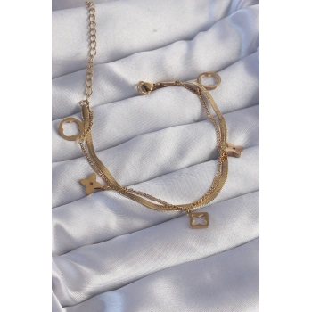 316L Çelik Gold Renk Çift Zincir Yonca Tasarım Bileklik TJ-BB6181