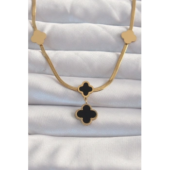 316L Çelik Gold Renk İtalyan Zincirli Mineli Yonca Kolye TJ-BKO8969