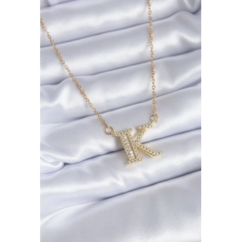 316L Çelik Gold Renk K Harf Model Zirkon Taşlı Kadın Kolye - TJ-BKO7712