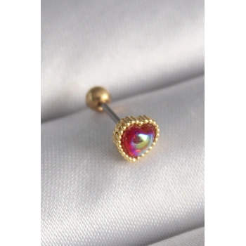 316L Çelik Gold Renk Kırmızı Mineli Kalp Tragus Piercing TJ-PR1266