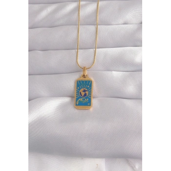 316L Çelik Gold Renk Mavi Mineli El Figür Tarot Kolye TJ-BKO9040