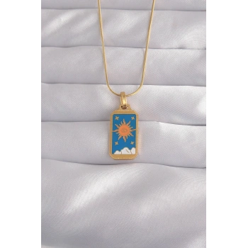 316L Çelik Gold Renk Mavi Mineli Güneş Model Tarot Kolye TJ-BKO9026