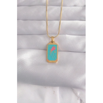 316L Çelik Gold Renk Mavi Mineli Tarot Kolye TJ-BKO9030