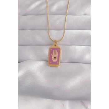316L Çelik Gold Renk Mor Mineli El Figür Tarot Kolye TJ-BKO9034