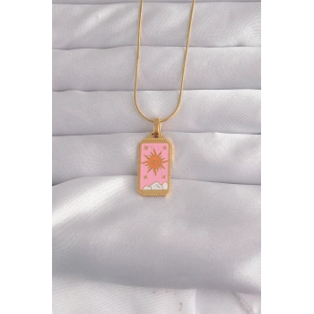 316L Çelik Gold Renk Pembe Mineli Güneş Model Tarot Kolye TJ-BKO9029