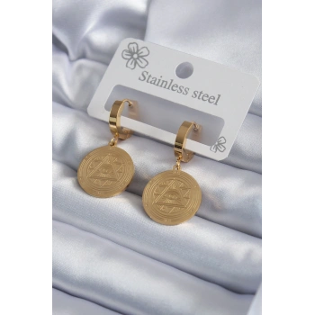 316L Çelik Gold Renk Pentagram İşleme Model Kadın Küpe TJ-BKP7975