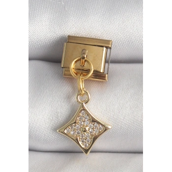 316L Çelik Gold Renk Sallantı Zirkon Taşlı Çiçek İşlemeli Nomination Charm TJ-BC1355