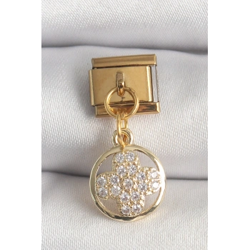 316L Çelik Gold Renk Sallantı Zirkon Taşlı Yonca Model Nomination Charm TJ-BC1340
