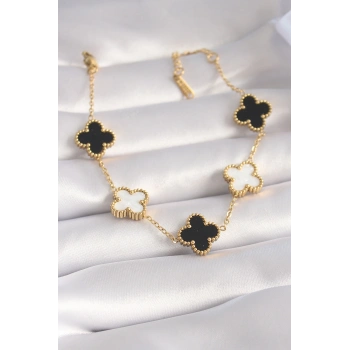 316L Çelik Gold Renk Siyah Beyaz Yonca Model Kadın Bileklik - TJ-BB5962