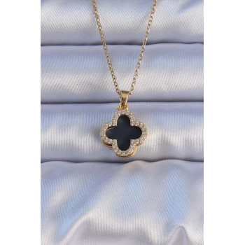 316L Çelik Gold Renk Siyah Mineli Zirkon Taşlı Yonca Figürlü Kolye TJ-BKO9198