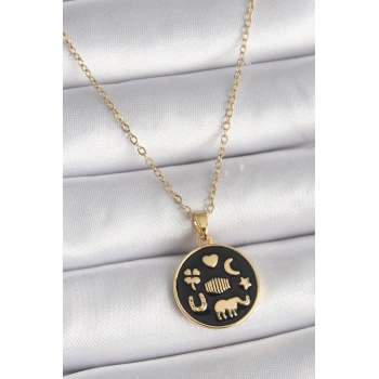 316L Çelik Gold Renk Siyah Şans Kolyesi TJ-BKO9547
