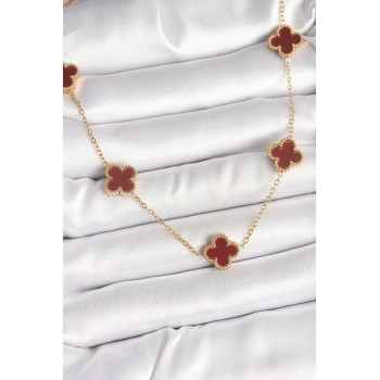 316L Çelik Gold Renk Zincir Bordo Yonca Model Kadın Kolye TJ-BKO9926
