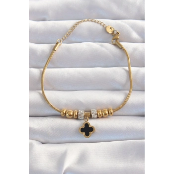 316L Çelik Gold Renk Zirkon Taş Aksesuarlı Siyah Mineli Yonca Bileklik - TJ-BB6229