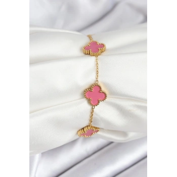 316L Çelik Gold Zincir Pembe Yonca Renk Bileklik TJ-BB7908