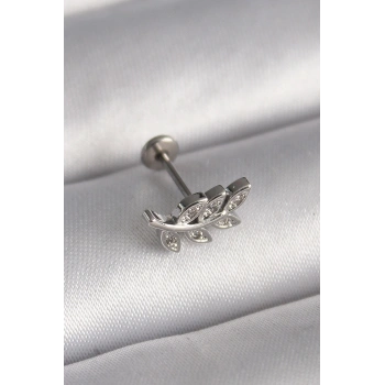 316L Çelik Gümüş Renk Dal Model Zirkon Taş Detaylı Tragus Piercing TJ-PR1343