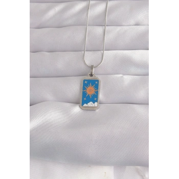 316L Çelik Gümüş Renk Mavi Mineli Güneş Model Tarot Kolye TJ-BKO9042