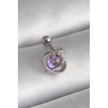 316L Çelik Gümüş Renk Mor Mineli Kalp Zirkon Taş Detay Tragus Piercing TJ-PR1273