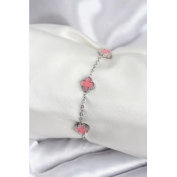 316L Çelik Gümüş Renk Pembe Baby Boy Yonca Kadın Bileklik TJ-BB7947