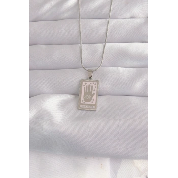 316L Çelik Gümüş Renk Pembe Mineli El Figür Tarot Kolye TJ-BKO9050