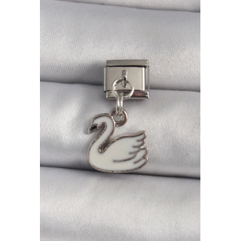 316L Çelik Gümüş Renk Sallantı Beyaz Kuğu Model Nomination Charm TJ-BC1160