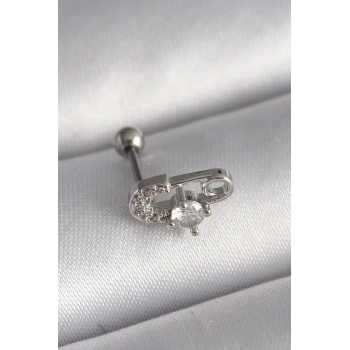 316L Çelik Gümüş Renk Zirkon Taşlı Toplu İğne Tragus Piercing TJ-PR1275