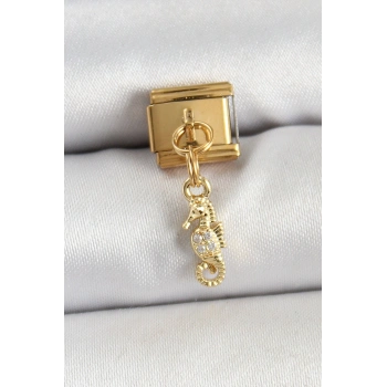 316L Çelik Sallantılı Zirkon Taşlı Çiçek Model Gold Renk Nomination Charm TJ-BC1430