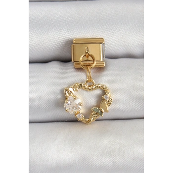 316L Çelik Sallantılı Zirkon Taşlı Kalp Model Gold Renk Nomination Charm TJ-BC1409