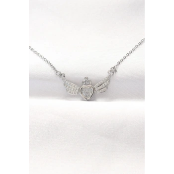 316L Çelik Silver Renk Zirkon Taşlı Kalpli Kanat Kolye TJ-BKO8515