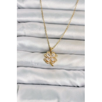 316L Çelik Zincir Gold Renk 4 Yapraklı Yonca Model Kadın Kolye TJ-BKO11080