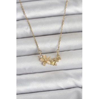 316L Çelik Zincir Gold Renk Çiçek ve Model Kadın Kolye TJ-BKO11038