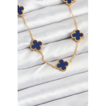 316L Çelik Zincir Gold Renk Lacivert Yonca Kadın Kolye TJ-BKO10567