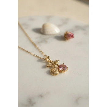 316L Çelik Zincir Gold Renk Pembe Kiraz Model Kolye TJ-BKO11190