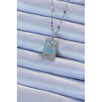 316L Çelik Zincir Gümüş Renk Mavi Mineli Tarot Kolye TJ-BKO9210