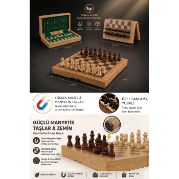 Mıknatıs Taşlı Ahşap Katlanabilir Kutulu Satranç Oyunu 17.5 Cm G611