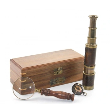 Ahşap Kutu Pirinç Pusula, Dürbün, Büyüteç, Seti