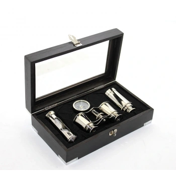 Ahşap Kutulu Pirinç Dürbün Pusula Ve Kumsaati Seti 3944A