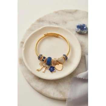 Fiyonk Charmlı Mavi Renk Gold Bileklik TJ-BB8708