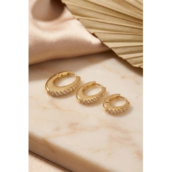 Gold Renk Oval Halka Model Zirkon Taşlı 3 lü Küpe Set TJ-BKP11976