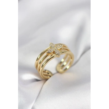 Gold Renk Zirkon Taşlı Yonca Model Kadın Yüzük TJ-BYK4054