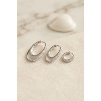 Gümüş Renk Oval Halka Model Zirkon Taşlı 3 lü Küpe Set TJ-BKP11975