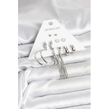 Gümüş Renk Pirinç 6 Çiftli Kadın Küpe Seti TJ-BKP11331