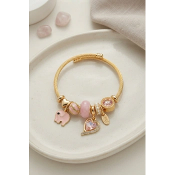 Kalp ve Fil Model Pembe Charmlı Bileklik TJ-BB8748