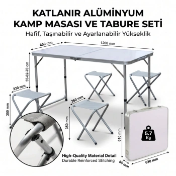 Katlanabilir Alüminyum Kamp Masası ve 4 lü Tabure Seti