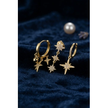 Kutup Yıldızı Model Gold Renk 3 lü Küpe Set TJ-BKP11974