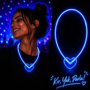 Neon Işıklı Fosforlu Kalp Parti Kolyesi Mavi Renk