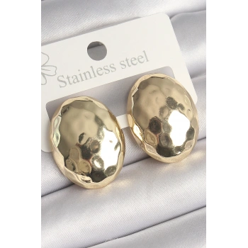 Pirinç Gold Renk İşlemeli Bombe Oval Model Kadın Küpe TJ-BKP10255